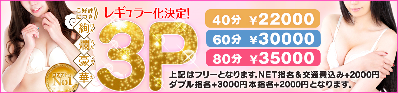 【絢爛豪華3Pコース】   ☆夢の王様気分をいつでも堪能☆ 
※3Pコース

 40分22000円(※40分コースは新大久保大久保歌舞伎町限定) 
 60分30000円 
 80分35000円 

フリー料金ですのでご指名される場合は NET指名料交通費コミで+2000円 から お2人ご指名の場合+3000円 
本指名料は+2000円  